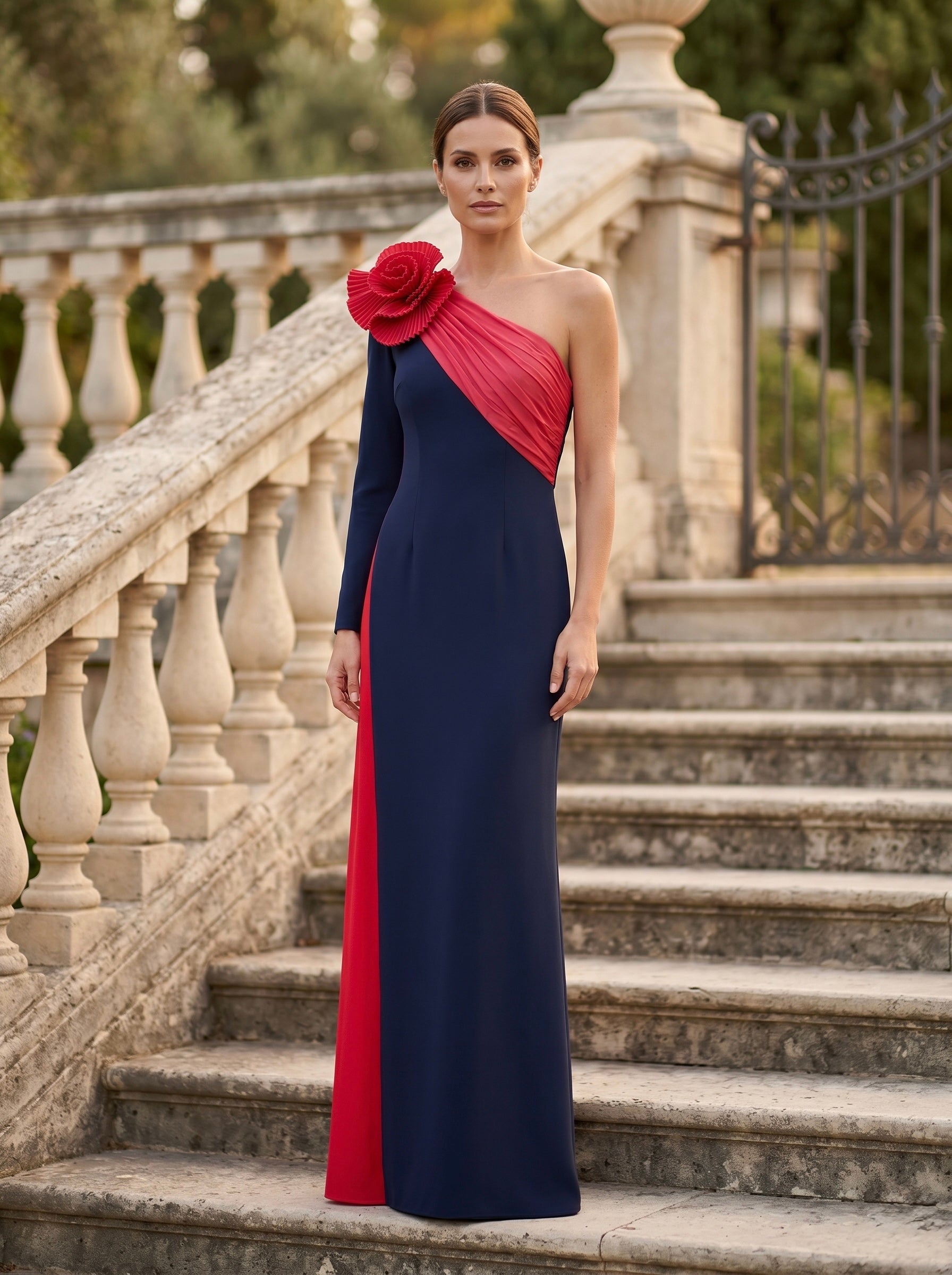 Vestido Ana Cañizares Largo Bicolor Escote Asimétrico Flor