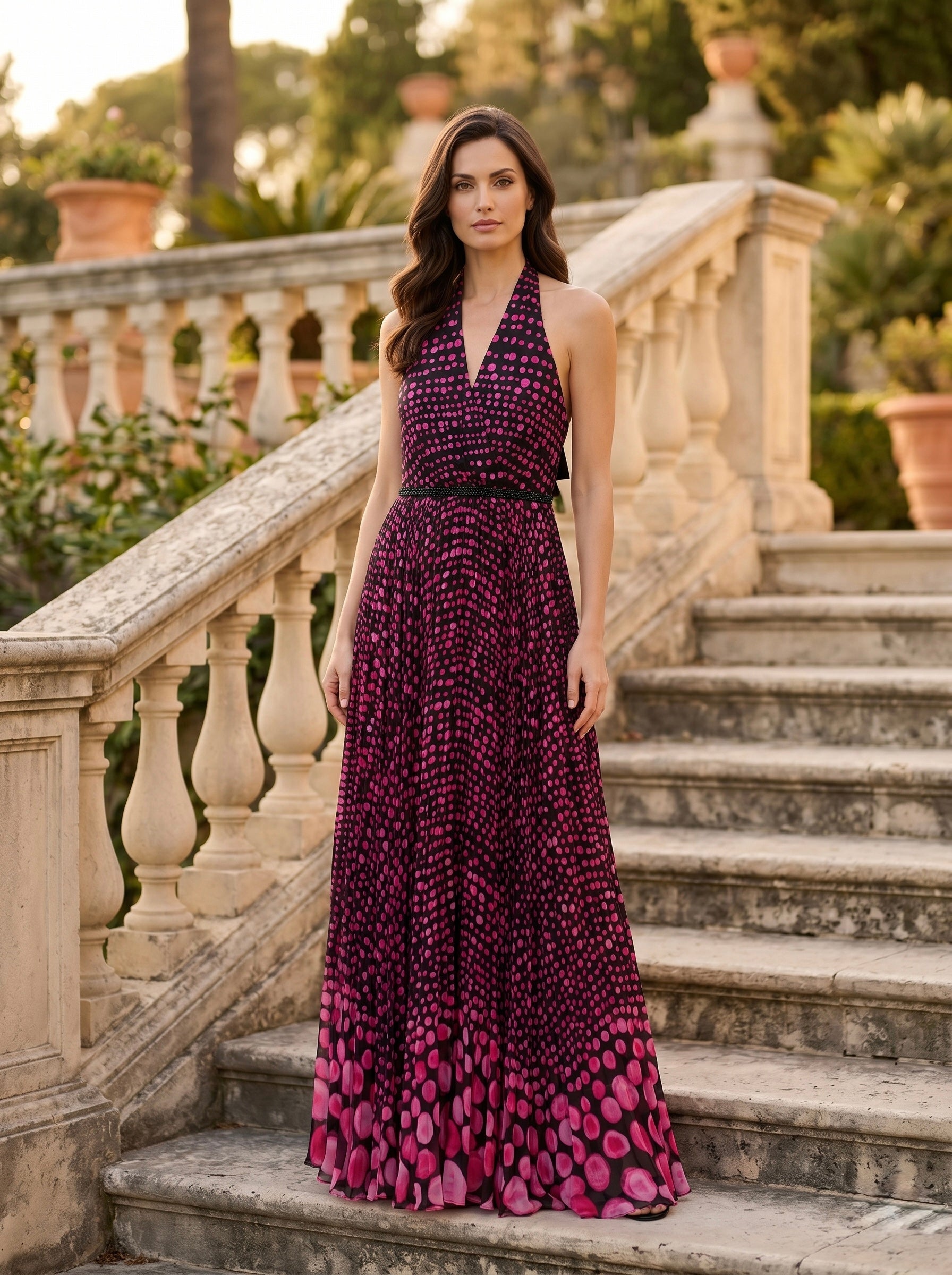 Vestido Ana Cañizares Largo Estampado Lunares Escote Halter Plisado