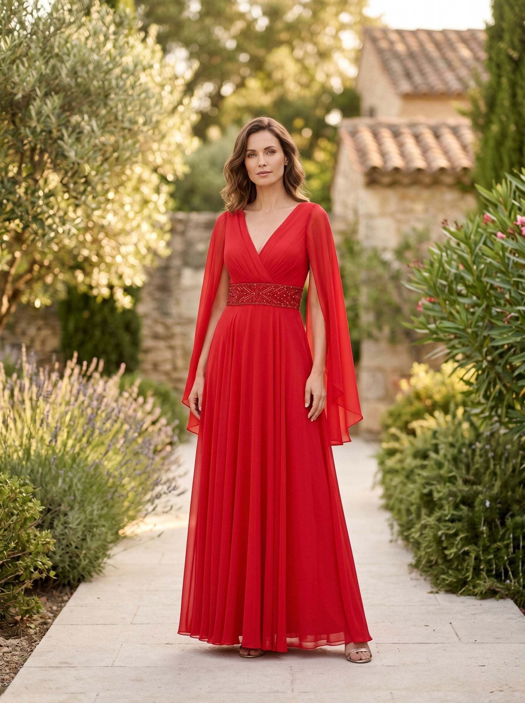 Vestido Ana Cañizares Largo Chifón Escote V Manga Capa