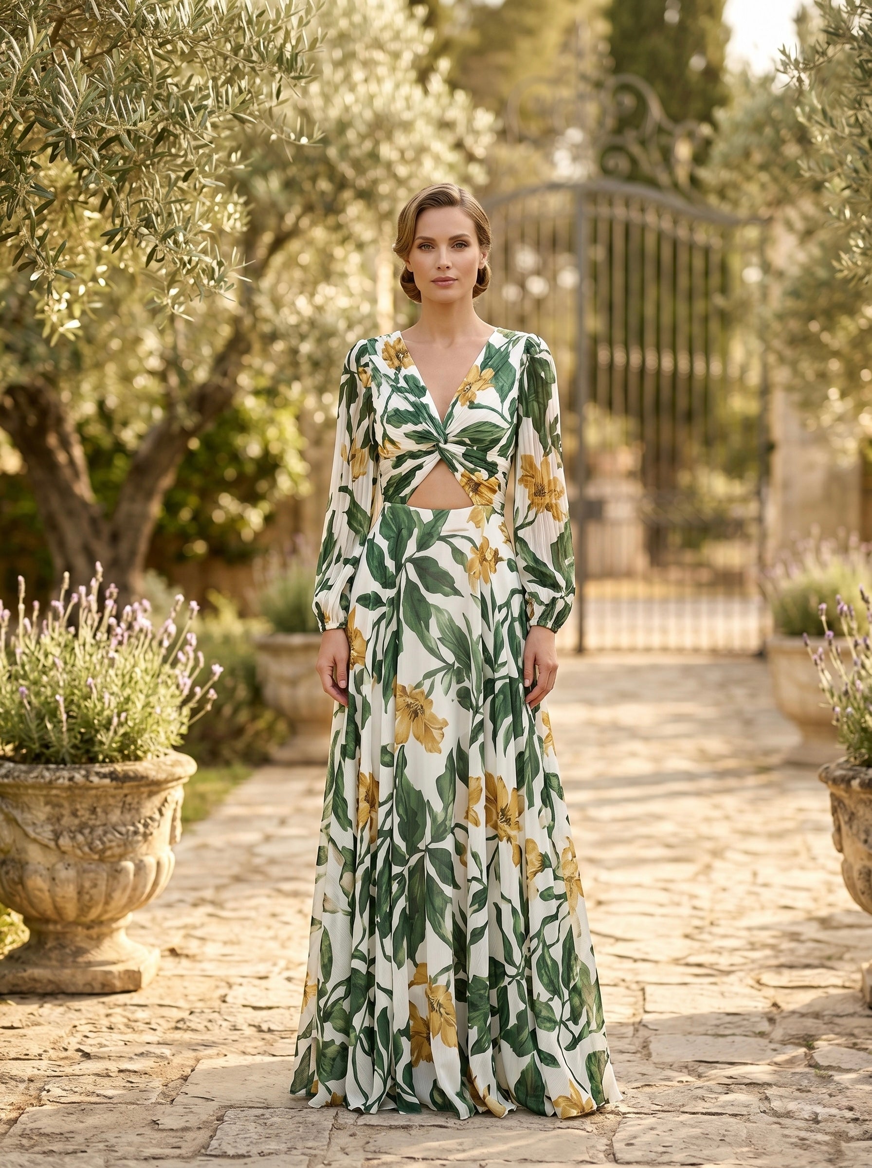 Vestido Ana Cañizares Largo Estampado Floral Escote V Manga Larga