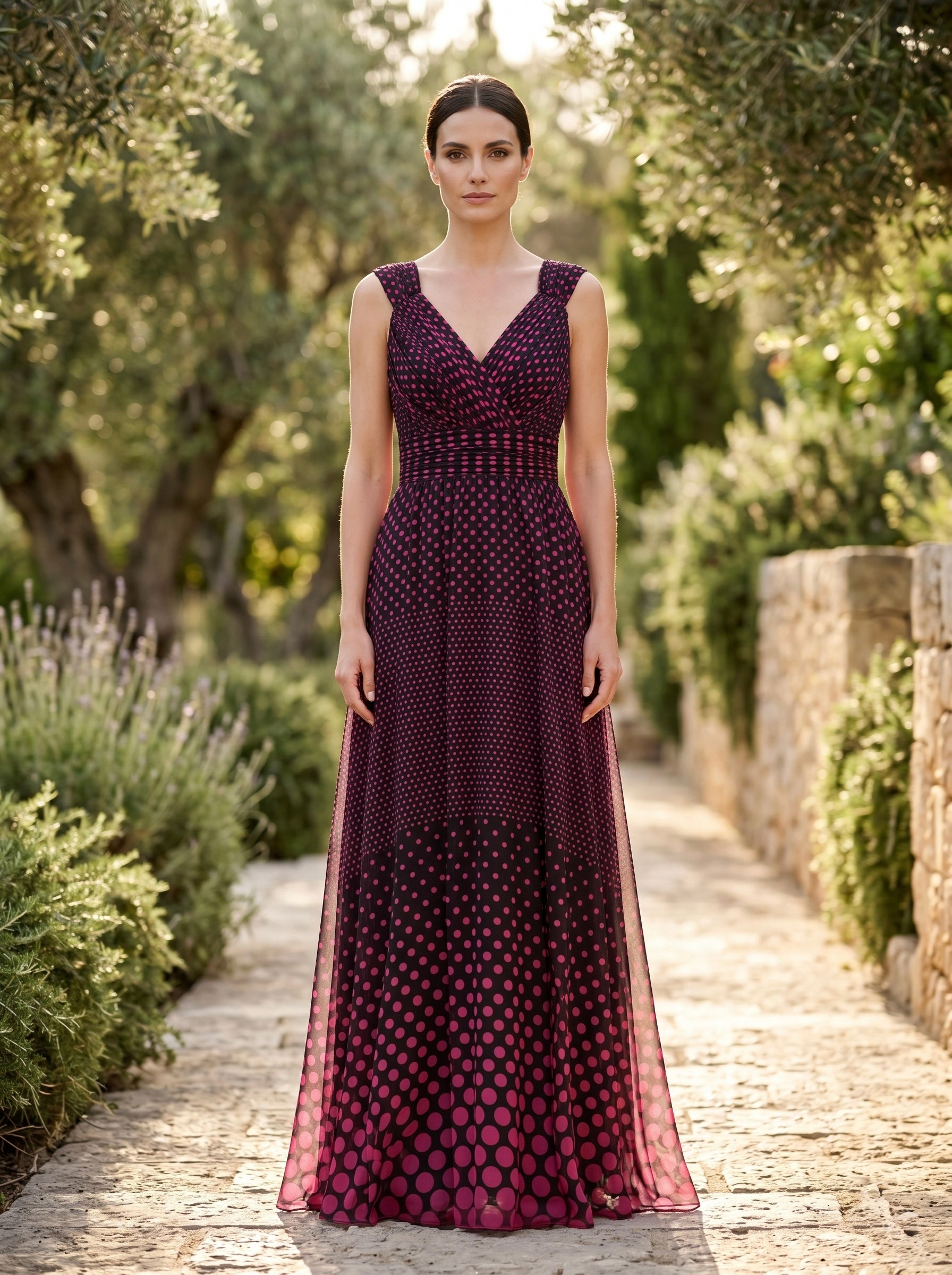 Vestido Ana Cañizares Largo Estampado Lunares Escote V
